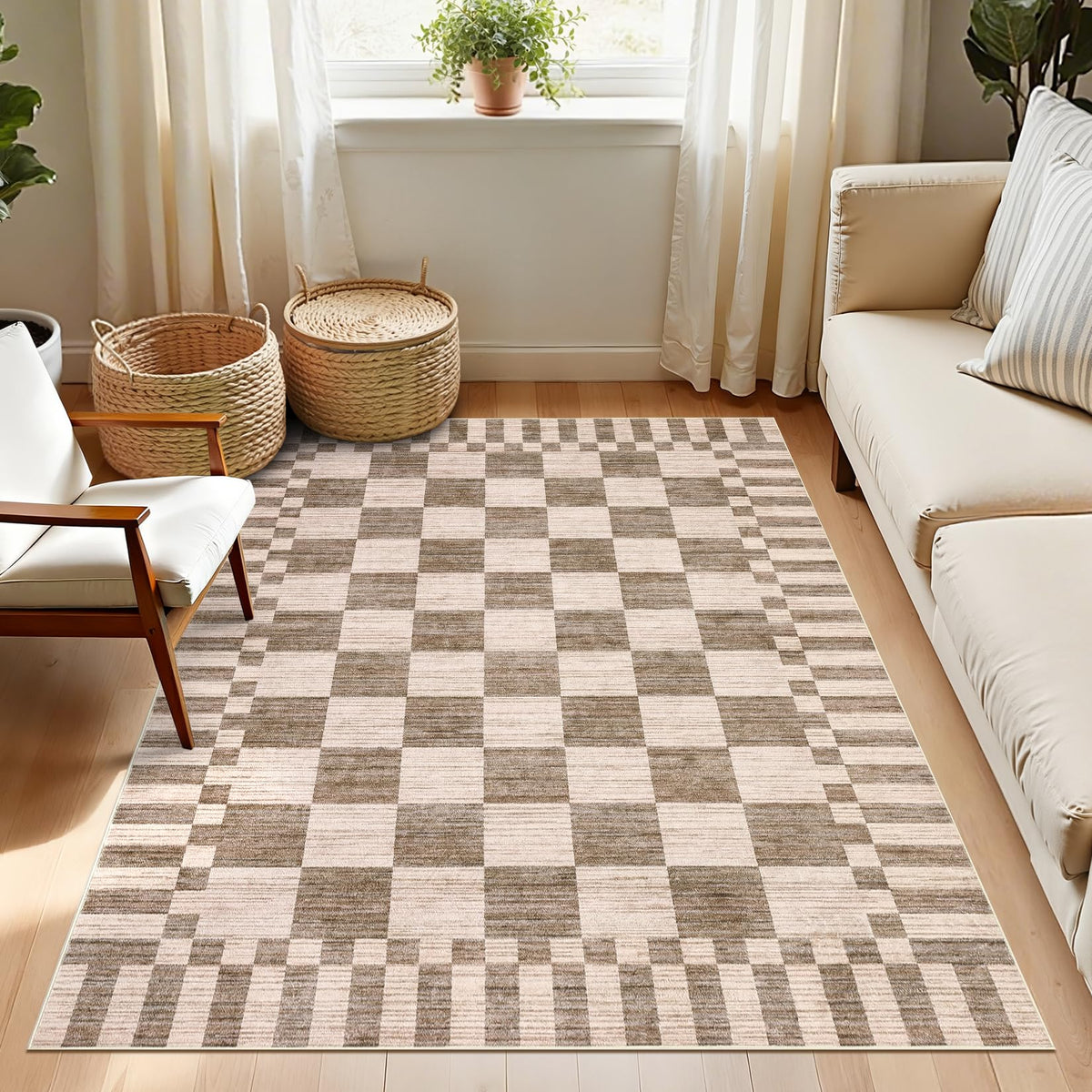 GarveeHome Brown Checkered Rug 5x7 Area Rugs Washable Living Room 5x7 Rug