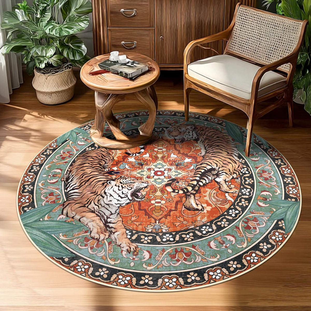 Tiger Round Area Rugs for Living Room 6ft, Boho Green Animal Print Bedroom Circle Rugs Non Slip, Washable Botanical Jungle Floor Carpet for Dining Room Entryway Nursery Playroom Office Spring