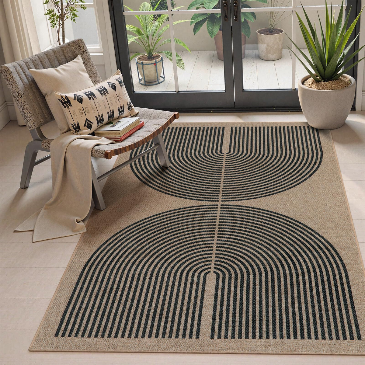 Lahome Modern Rainbow Easy Jute Carpet, Washable 5x7 Area Rugs for Living Room Patio Black Farmhouse Indoor Outdoor Rugs, Contemporary Natural Non Slip Floor Carpet for Office RV Backyard