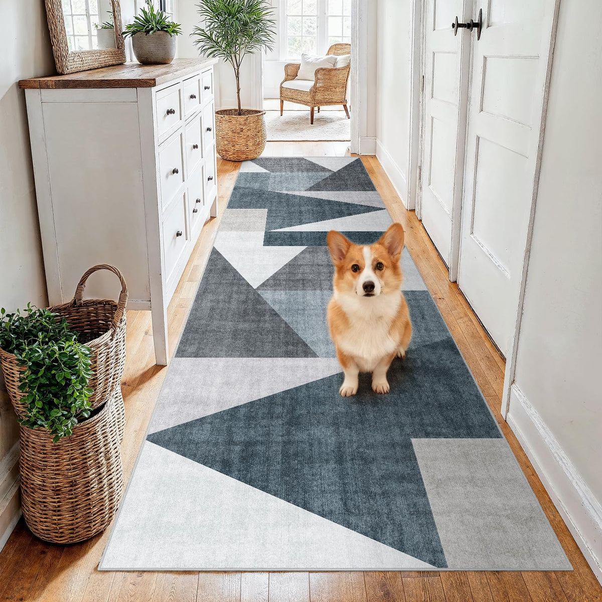 5x7 Washable Area Rug for Living Room - Non-Slip Geometric Rugs Blue Grey