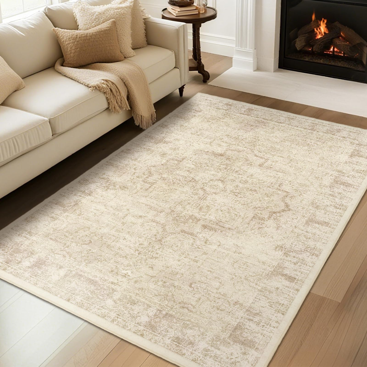 Vintage Distressed 5x7 Area Rugs for Living Room Bedroom Non Slip Washable, Medallion Pattern Printed Low Pile Thin Carpet Rugs for Dining Room/Kitchen/Home Office, Multi Brown Olive Accents
