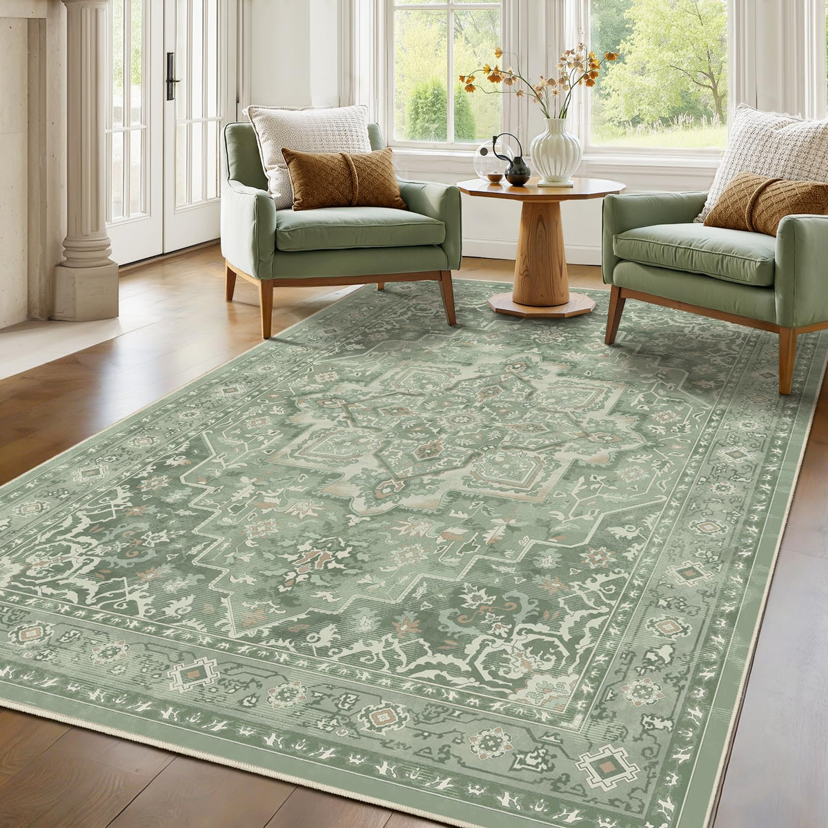 Vintage Distressed 5x7 Area Rugs for Living Room Bedroom Non Slip Washable, Medallion Pattern Printed Low Pile Thin Carpet Rugs for Dining Room/Kitchen/Home Office, Multi Brown Olive Accents