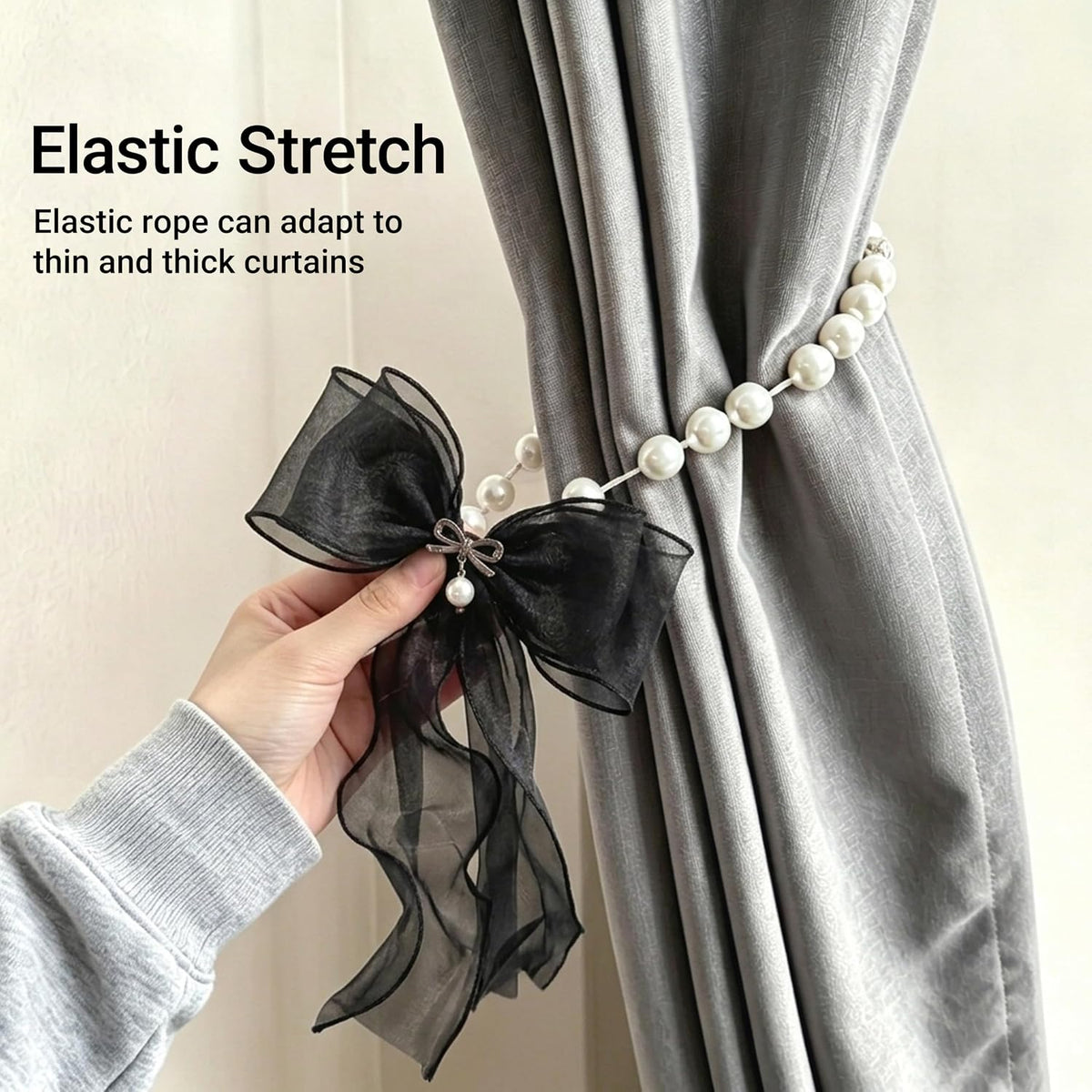 Pearl Bow Magnetic Curtain Tiebacks for Home Decor (2, Black)
