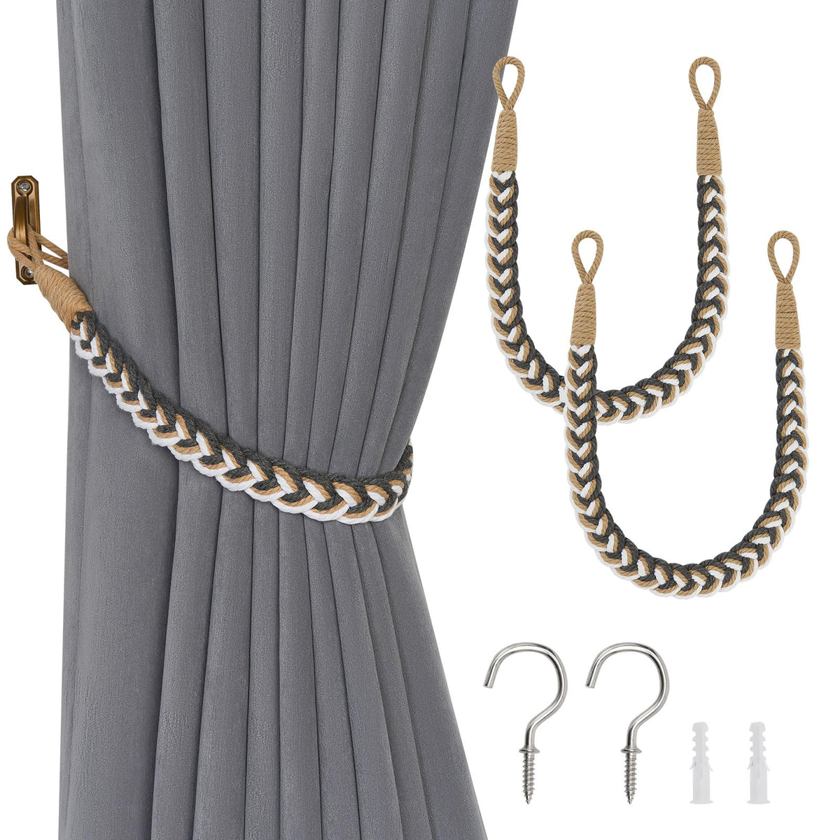 NICEEC 2 Pack Natural Cotton Rope Curtain Tiebacks Elegant Boho Style Decorative Drape Tie Backs Soft Hand-Woven Rope Curtain Holdbacks with Metal Hook for Home & Office Drapery (Coffee)