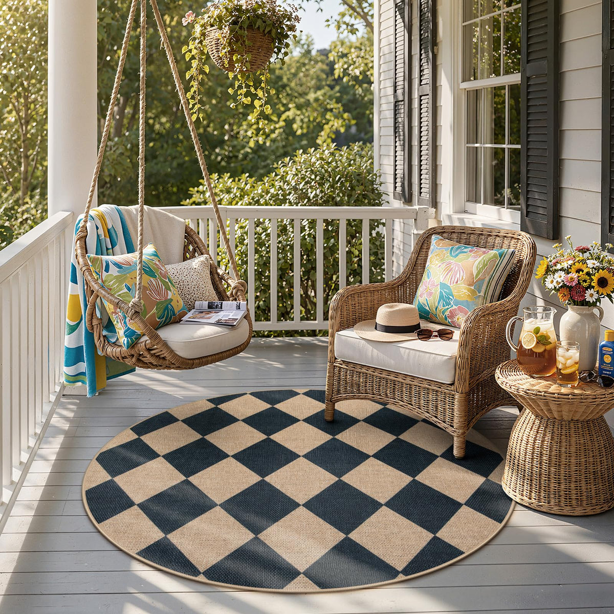 Lahome Checkered Easy Jute 5x7 Area Rugs, Washable Outdoor Patio Rug for Living Room Diamond Indoor Outdoor Carpet, Farmhouse Geometric Non Slip Black Carpet for Backyard Dining Room