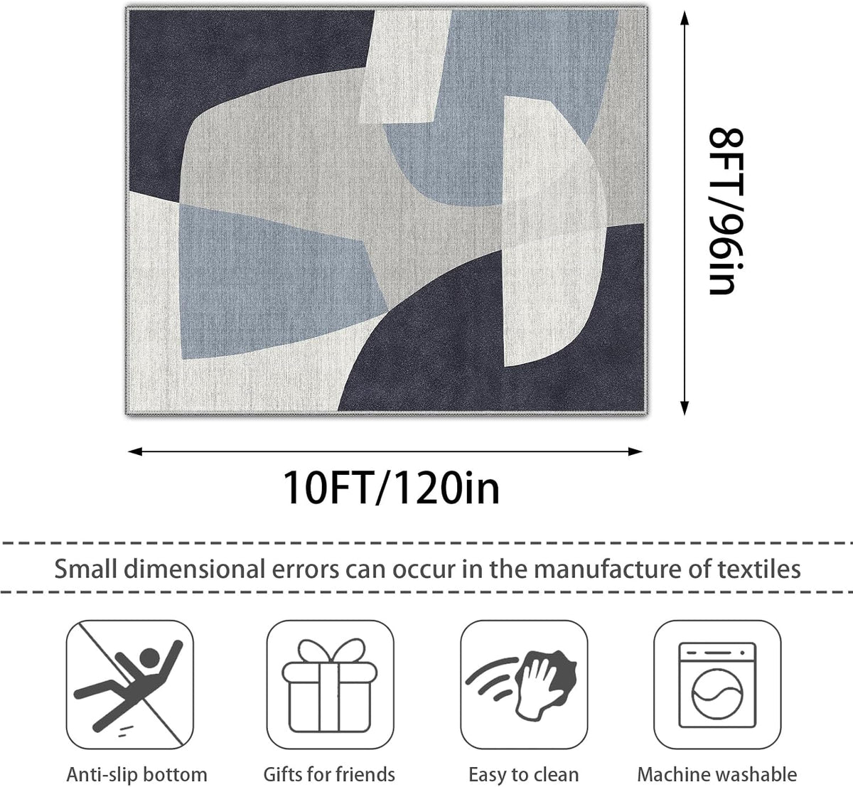 8x10 Geometric Washable Area Rug, Rugs for Living Room, Blue Grey