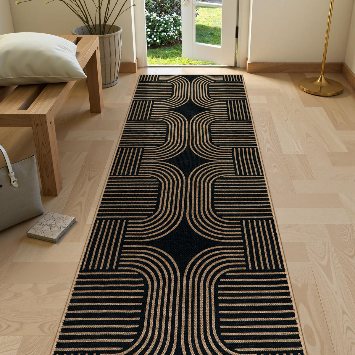 Lahome Modern Rainbow Easy Jute Carpet, Washable 5x7 Area Rugs for Living Room Patio Black Farmhouse Indoor Outdoor Rugs, Contemporary Natural Non Slip Floor Carpet for Office RV Backyard