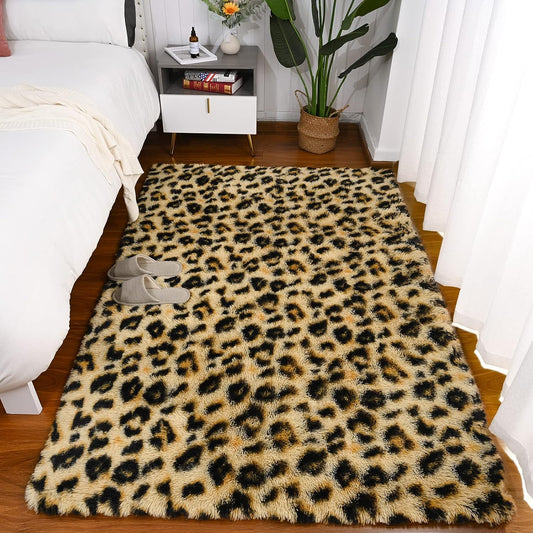 Amearea Fluffy Leopard Rug, Premium Cheetah Print Rugs, Khaki 4x6