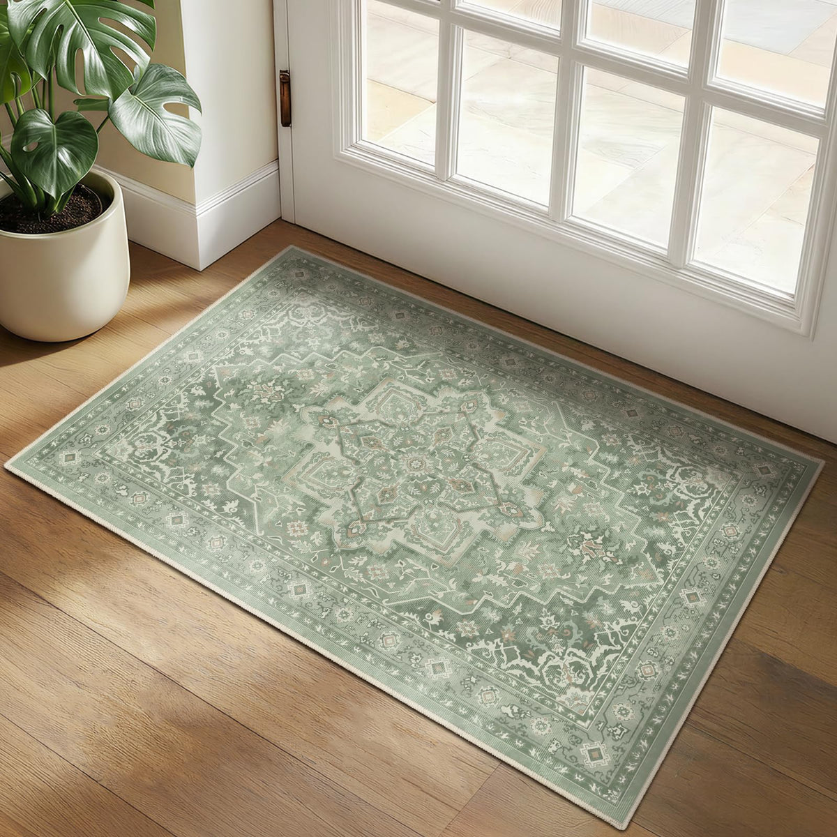 Vintage Distressed 5x7 Area Rugs for Living Room Bedroom Non Slip Washable, Medallion Pattern Printed Low Pile Thin Carpet Rugs for Dining Room/Kitchen/Home Office, Multi Brown Olive Accents