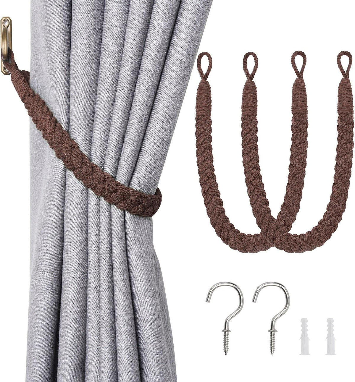 NICEEC 2 Pack Natural Cotton Rope Curtain Tiebacks Elegant Boho Style Decorative Drape Tie Backs Soft Hand-Woven Rope Curtain Holdbacks with Metal Hook for Home & Office Drapery (Coffee)