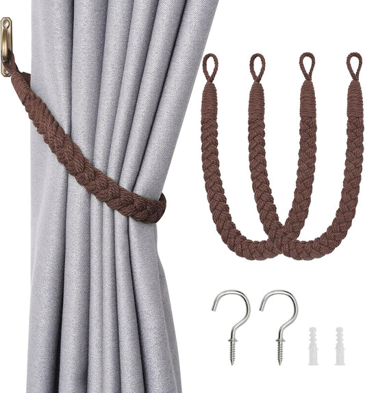 NICEEC 2 Pack Natural Cotton Rope Curtain Tiebacks Elegant Boho Style Decorative Drape Tie Backs Soft Hand-Woven Rope Curtain Holdbacks with Metal Hook for Home & Office Drapery (Coffee)