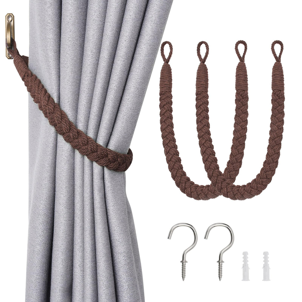 NICEEC 2 Pack Natural Cotton Rope Curtain Tiebacks Elegant Boho Style Decorative Drape Tie Backs Soft Hand-Woven Rope Curtain Holdbacks with Metal Hook for Home & Office Drapery (Coffee)