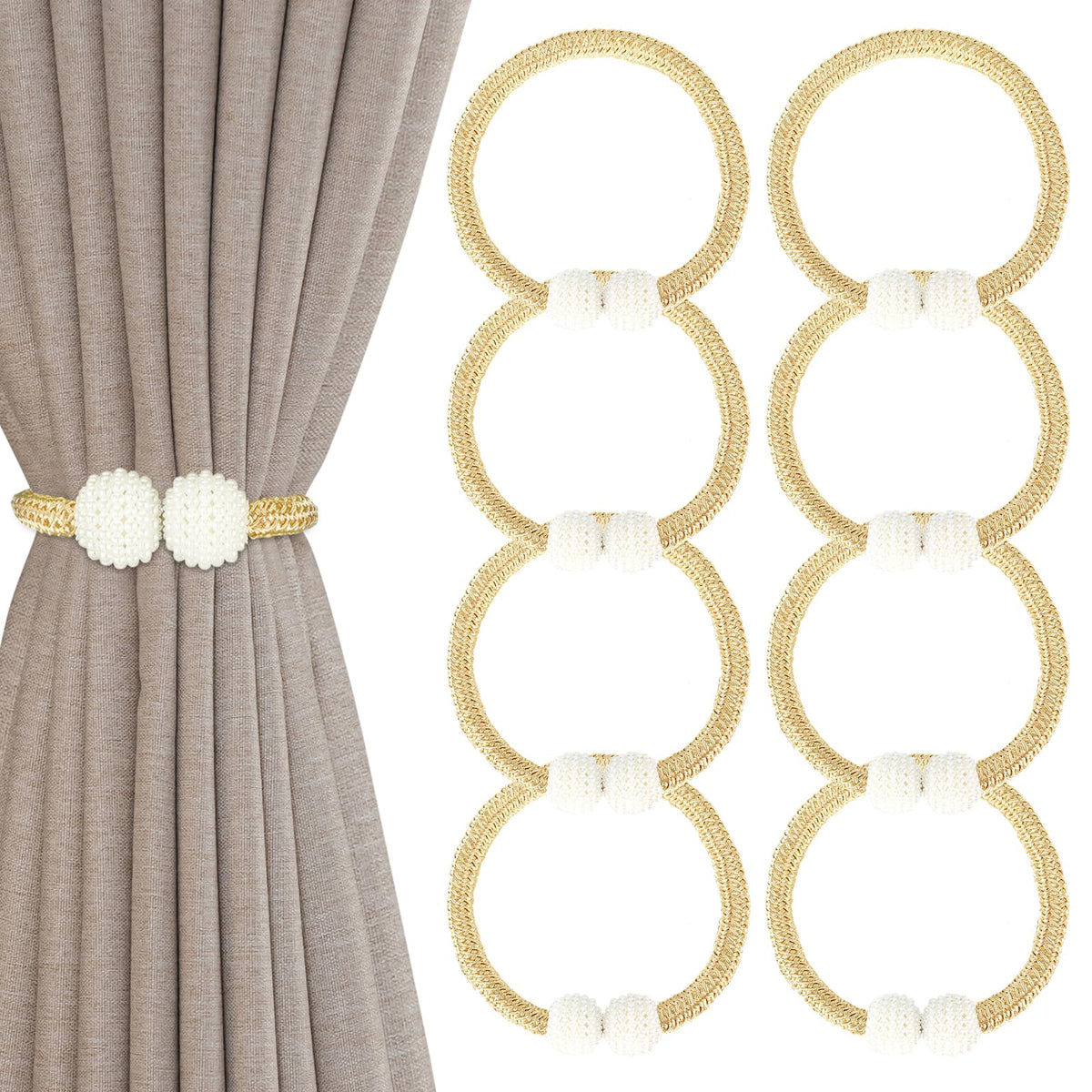 8 Pack Magnetic Curtain Tiebacks with Pearls,Modern Curtain Holdbacks Strap