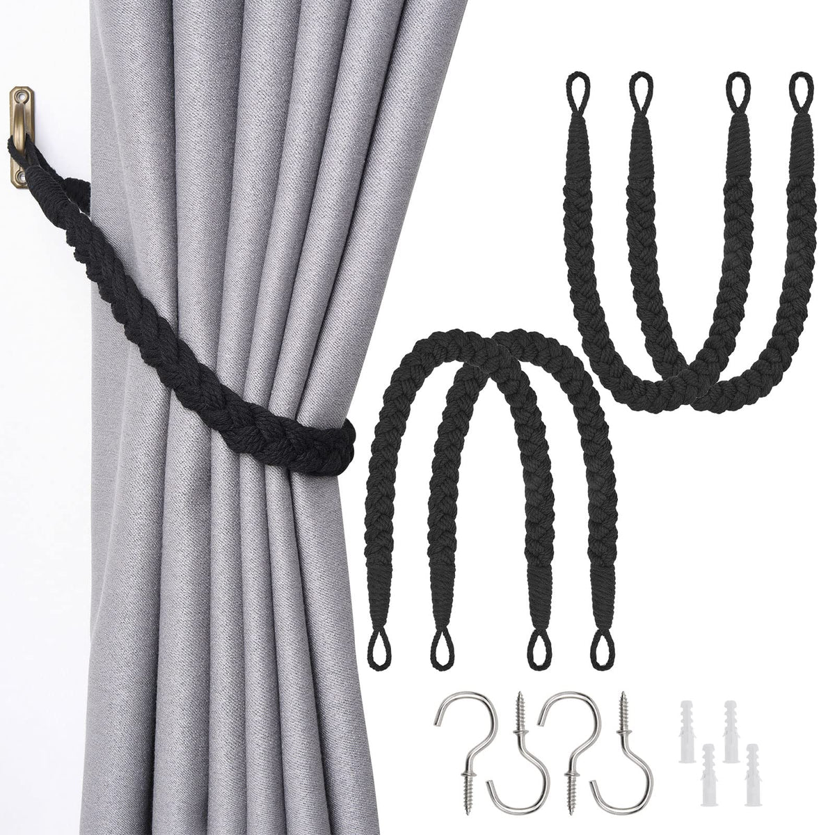 NICEEC 2 Pack Natural Cotton Rope Curtain Tiebacks Elegant Boho Style Decorative Drape Tie Backs Soft Hand-Woven Rope Curtain Holdbacks with Metal Hook for Home & Office Drapery (Coffee)