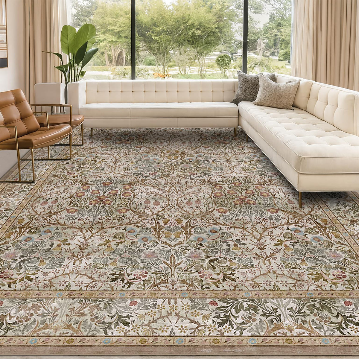 Floral Dark Green Washable Area Rugs 8x10, Vintage Living Room Rug