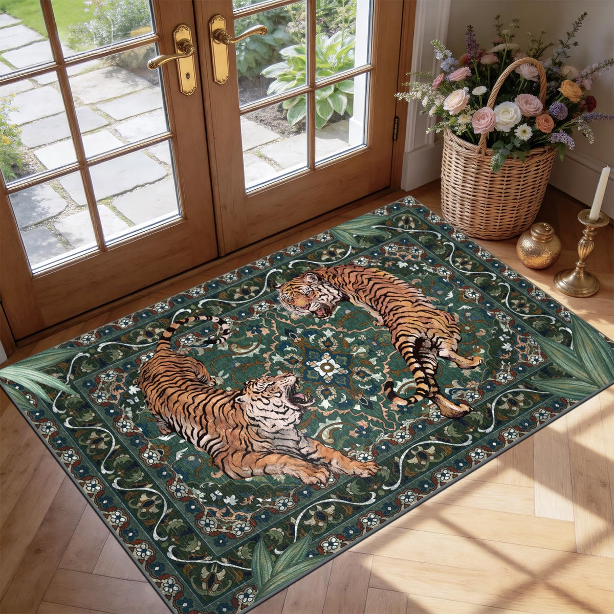 Tiger Round Area Rugs for Living Room 6ft, Boho Green Animal Print Bedroom Circle Rugs Non Slip, Washable Botanical Jungle Floor Carpet for Dining Room Entryway Nursery Playroom Office Spring