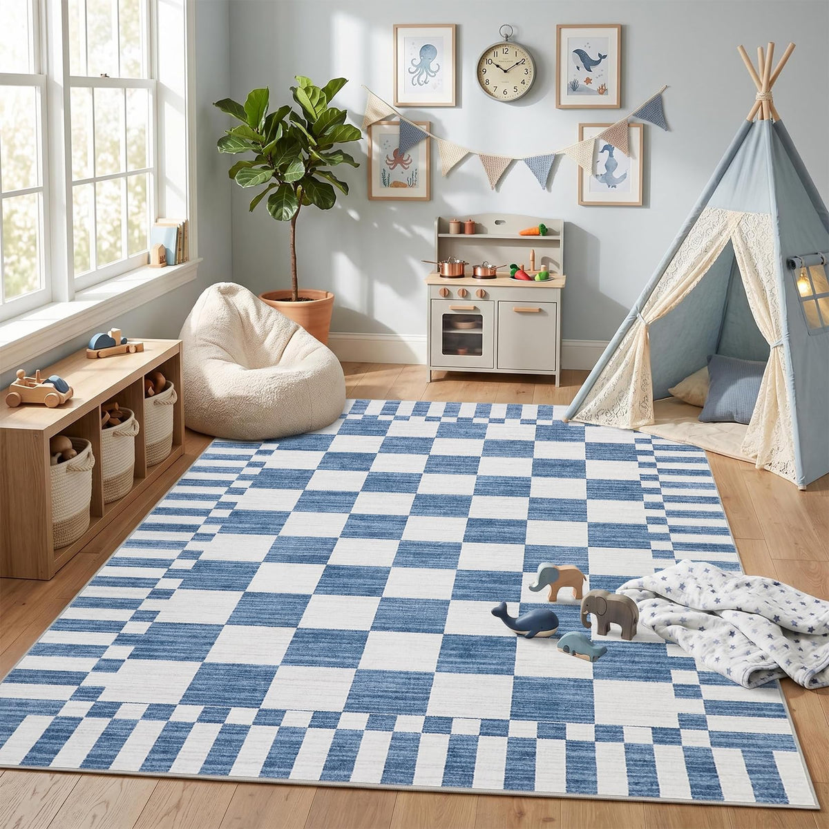 GarveeHome Brown Checkered Rug 5x7 Area Rugs Washable Living Room 5x7 Rug