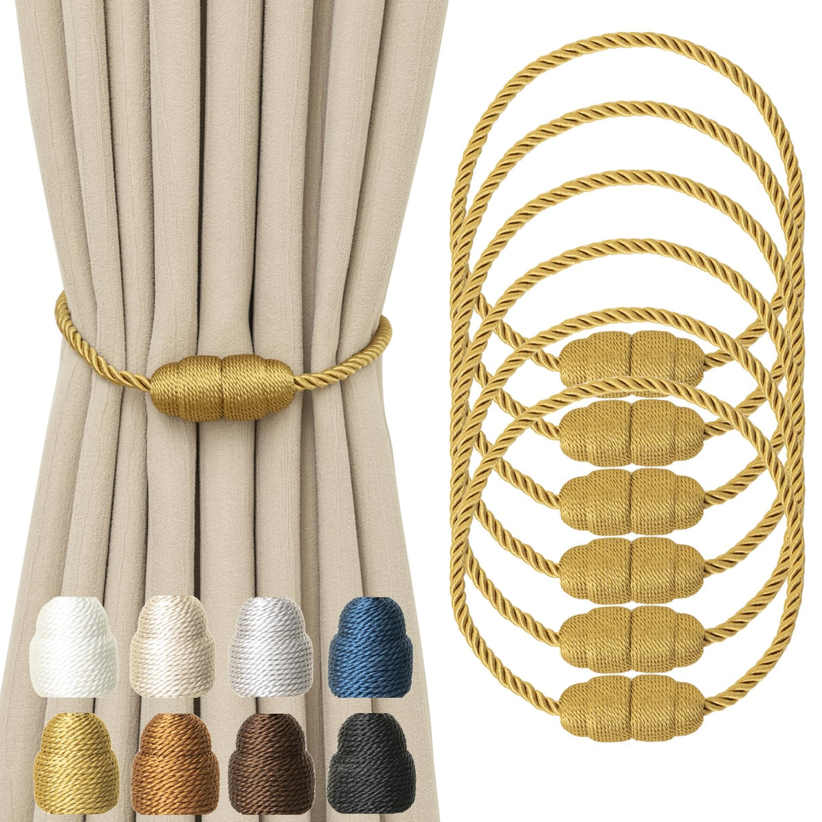 Magnetic Curtain Tiebacks Rope Curtain Tie Backs for Curtains 6 Pack Curtain Holders for Drapes Decorative Window Curtain Holdbacks, Gold