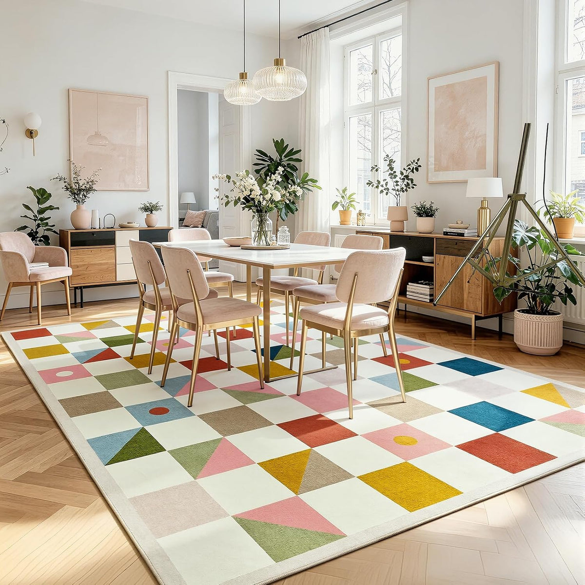 Terrug Multicolored Geometric Checkered Rug for Living Room, 5x7 Area Rugs