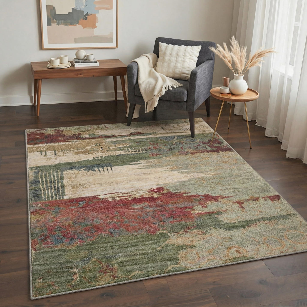 BEIMO 5x7 Washable Area Rugs, Green Mid Century Modern Rug for Bedroom