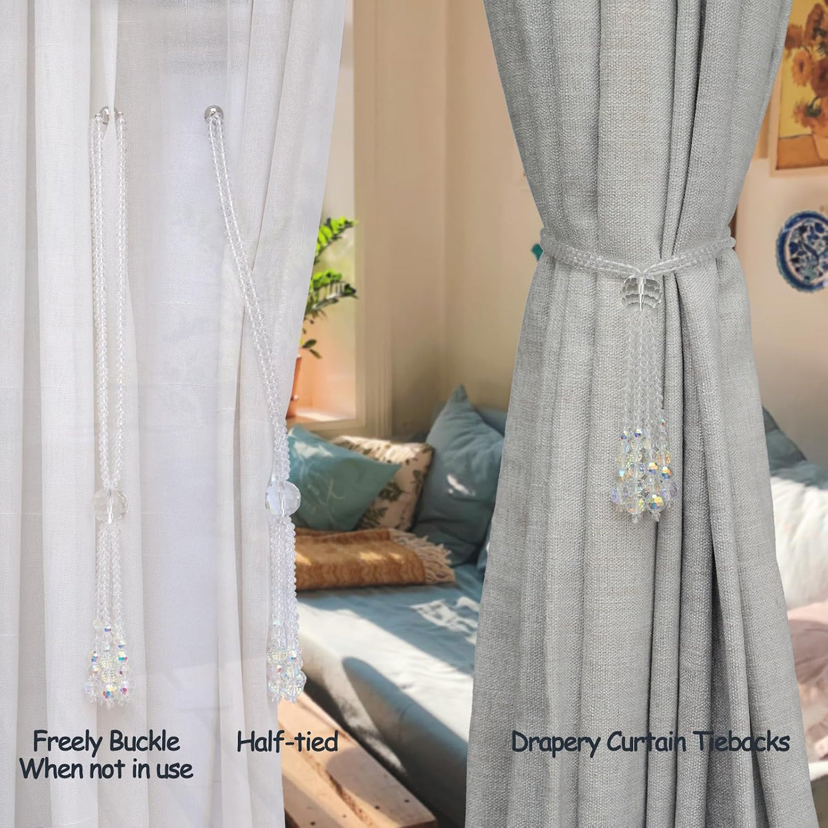PEDOBO Magnetic Curtain Tiebacks, 2 Pack Crystal Beaded Tassel Sheer/Drapery Curtain Holdbacks, Boho Hanging Decor for Farmhouse Home Office (Crystal AB)
