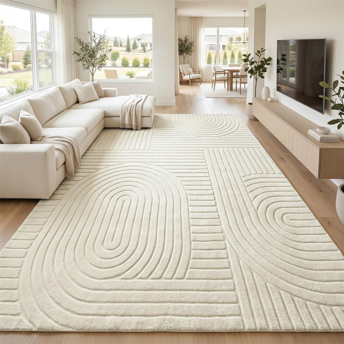 5x7 Solid Beige Area Rugs for Living Room, Geometric Washable Rug