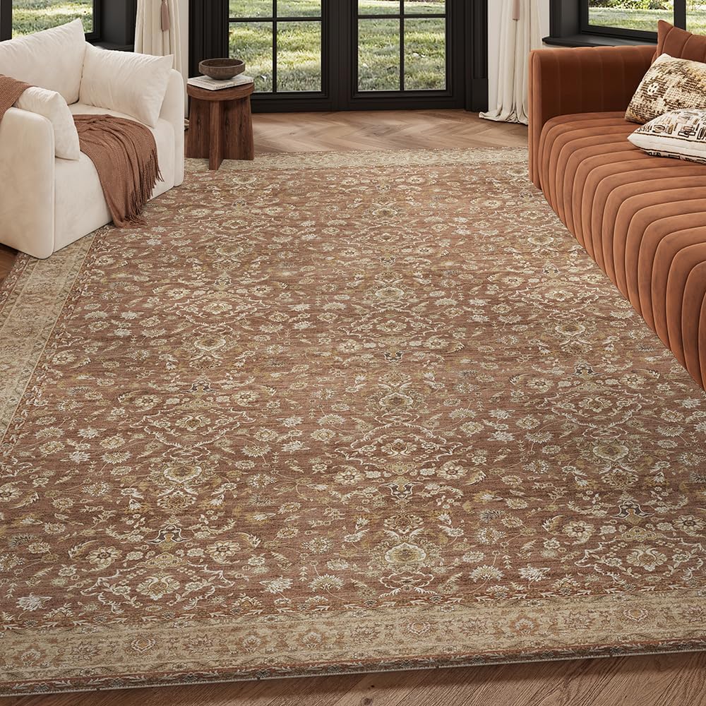 8x10 Reddish Brown Washable Area Rug for Living Room, Vintage Print