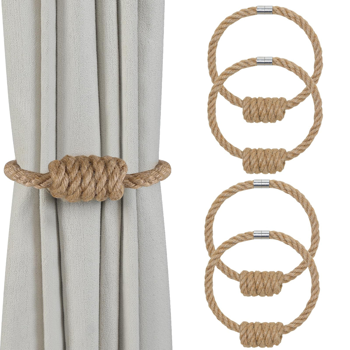 Magnetic Curtain Tiebacks, 2 Pack Jute Curtain Holdbacks, Elegant Hand Weave Rope Knot Curtain Tie Backs, Boho Curtain Tiebacks for Bedroom Room Nursery Decor