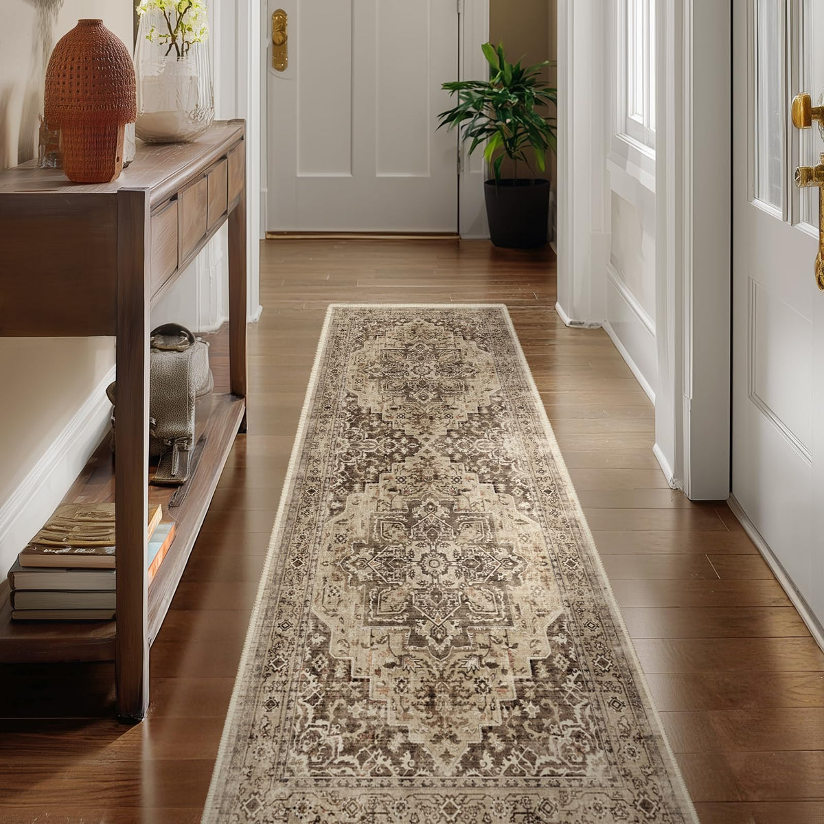 Vintage Distressed 5x7 Area Rugs for Living Room Bedroom Non Slip Washable, Medallion Pattern Printed Low Pile Thin Carpet Rugs for Dining Room/Kitchen/Home Office, Multi Brown Olive Accents