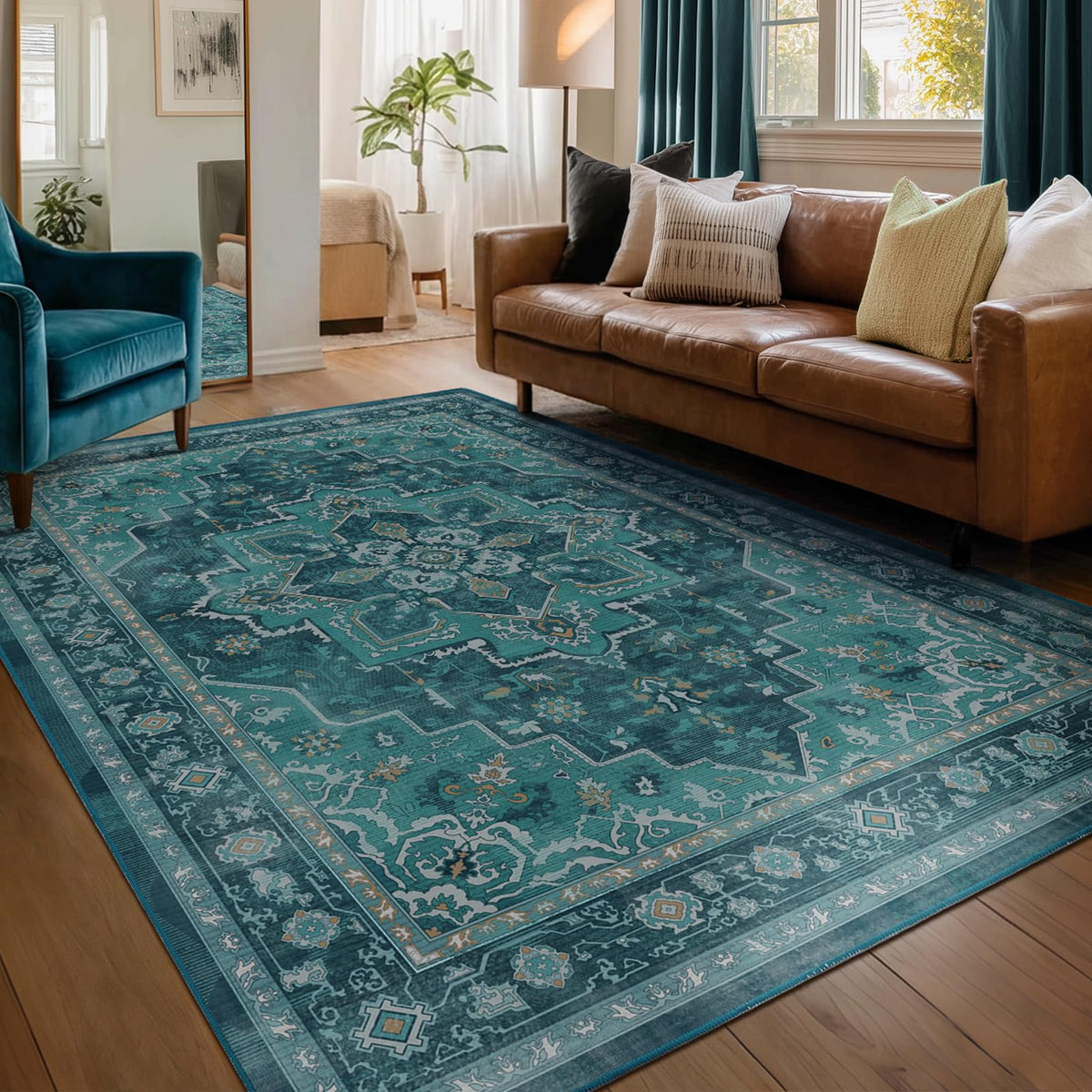 Vintage Distressed 5x7 Area Rugs for Living Room Bedroom Non Slip Washable, Medallion Pattern Printed Low Pile Thin Carpet Rugs for Dining Room/Kitchen/Home Office, Multi Brown Olive Accents