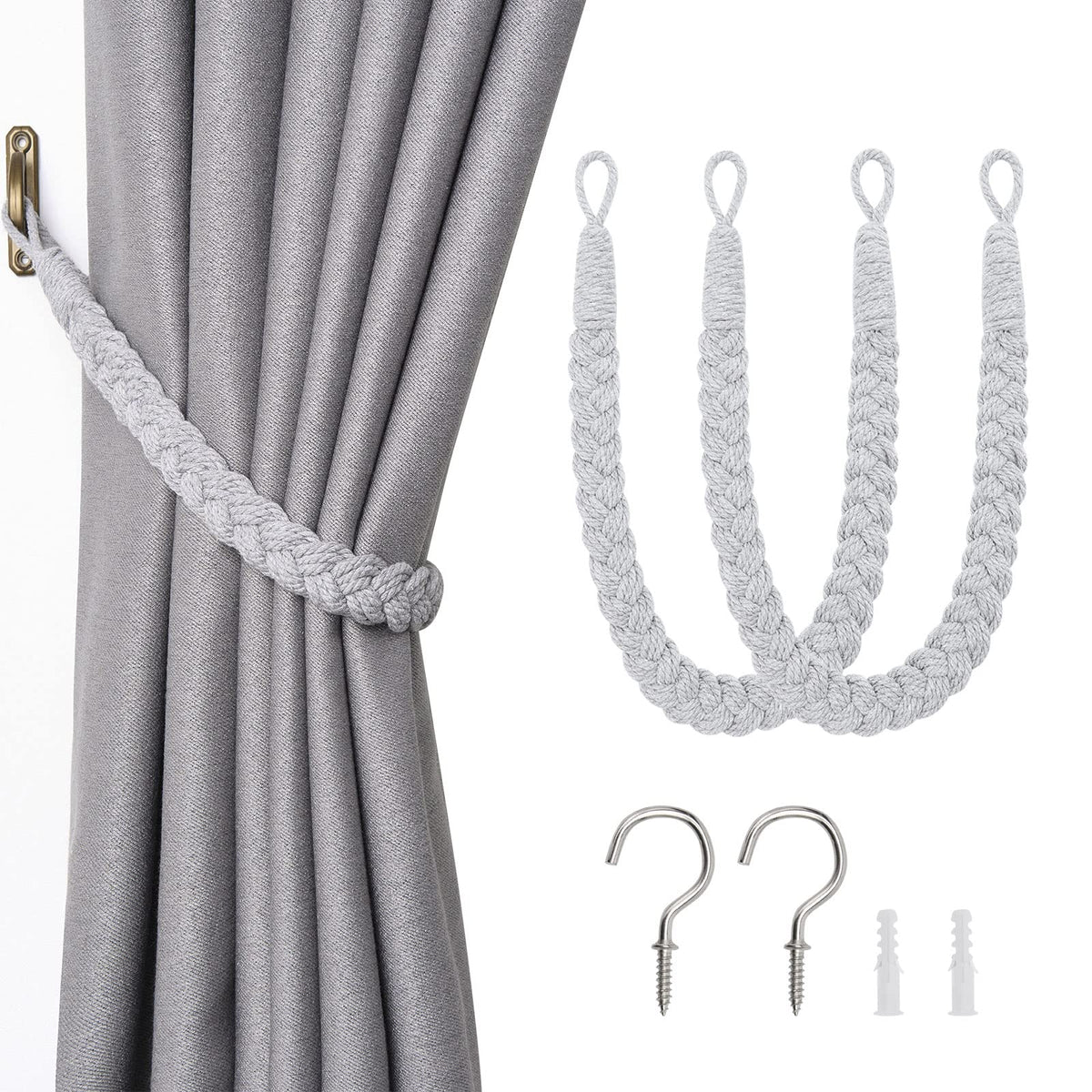 NICEEC 2 Pack Natural Cotton Rope Curtain Tiebacks Elegant Boho Style Decorative Drape Tie Backs Soft Hand-Woven Rope Curtain Holdbacks with Metal Hook for Home & Office Drapery (Coffee)