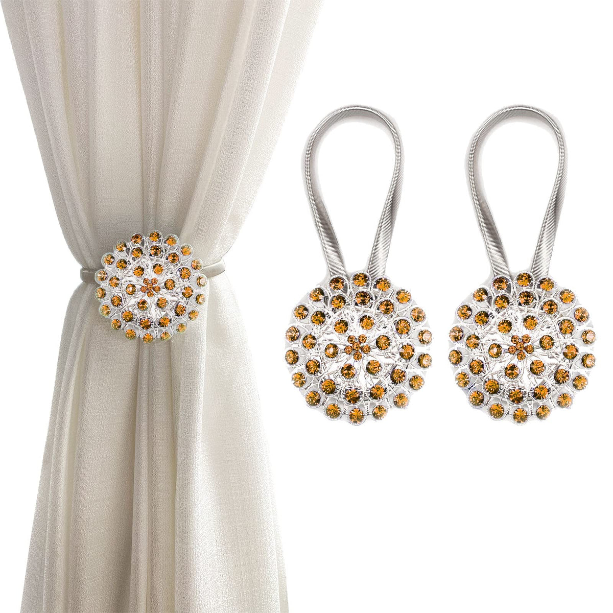 Magnetic Tiebacks for Curtains, 2 Pack Sparkling Crystal Flower Curtain Tiebacks Curtain Buckle Clips with High-Elastic Spring Wire for Home Office Decoration (White)
