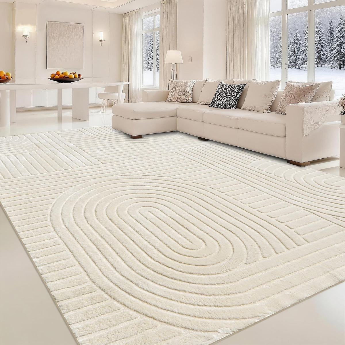 5x7 Solid Beige Area Rugs for Living Room, Geometric Washable Rug