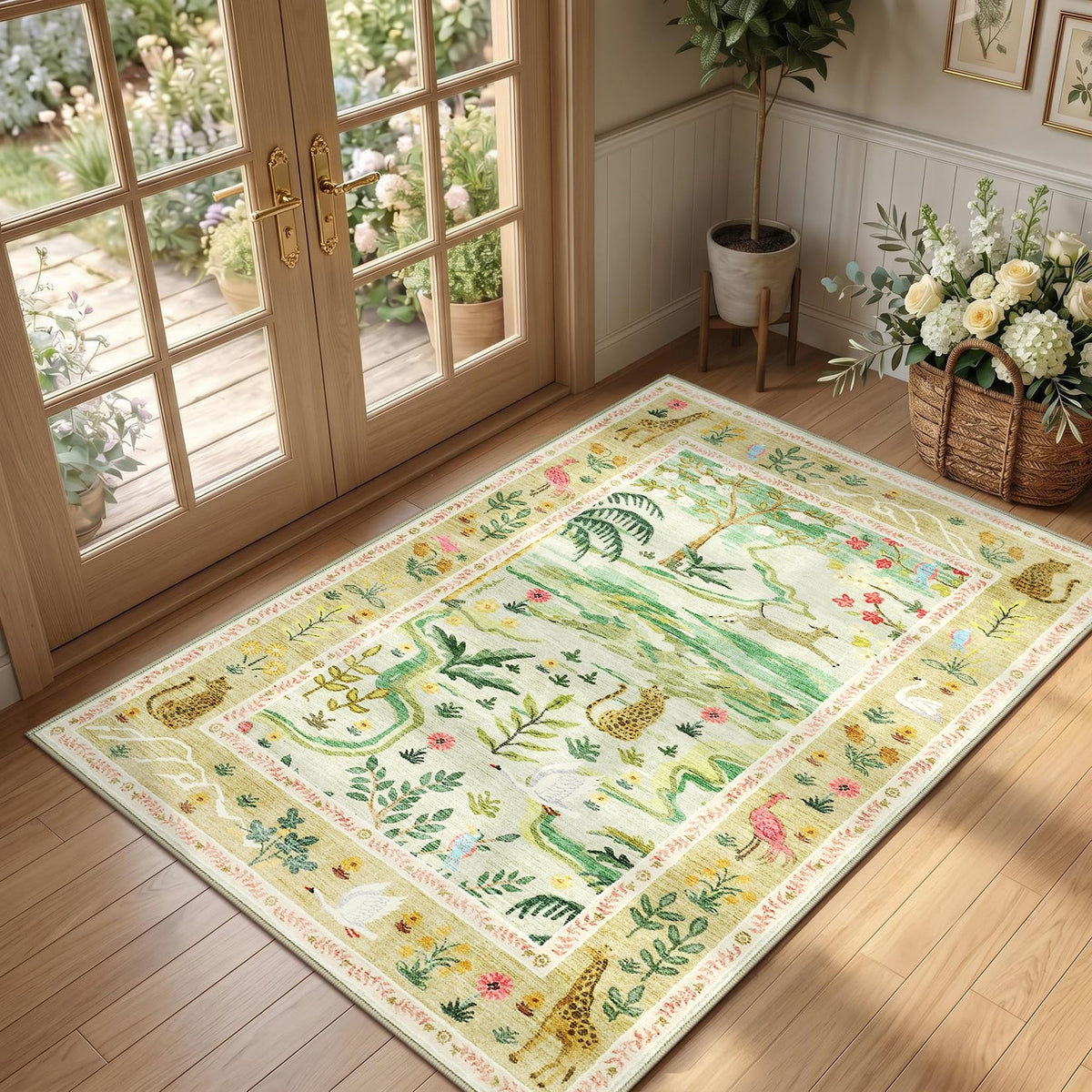 Washable Area Rug 5x7 Green Animal Print Rugs for Nursery Non Slip Stain Resistant Forest Fairy Tale Throw Carpet Low Pile Whimsical Safari Area Rugs for Entryway Girls Bedroom Dining Room, Green