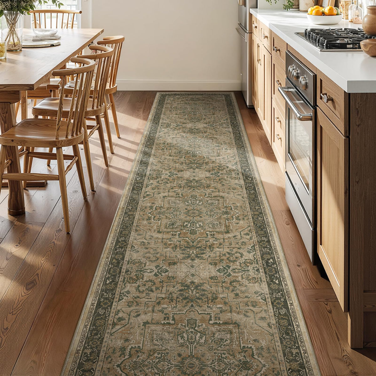 Vintage Distressed 5x7 Area Rugs for Living Room Bedroom Non Slip Washable, Medallion Pattern Printed Low Pile Thin Carpet Rugs for Dining Room/Kitchen/Home Office, Multi Brown Olive Accents