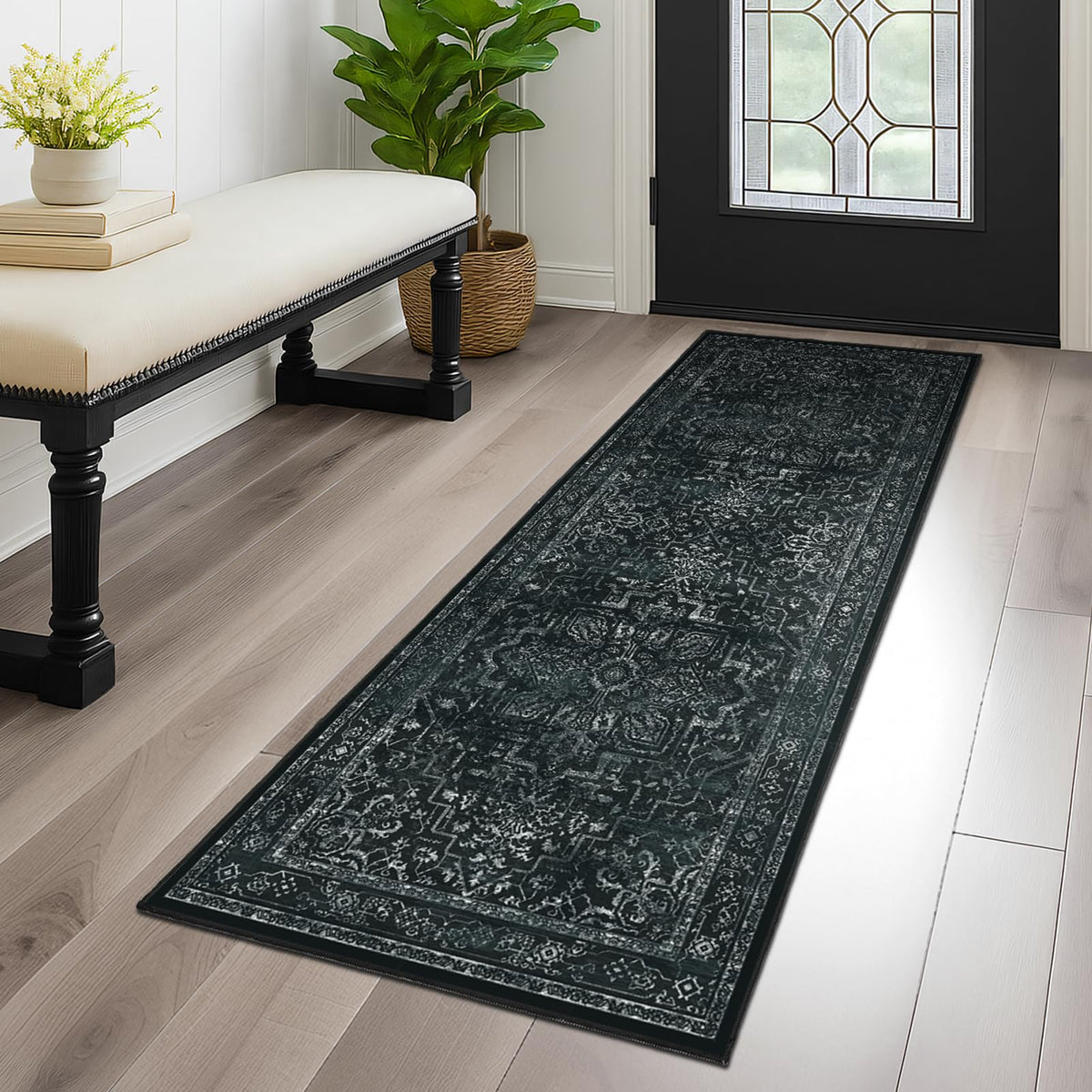 Vintage Distressed 5x7 Area Rugs for Living Room Bedroom Non Slip Washable, Medallion Pattern Printed Low Pile Thin Carpet Rugs for Dining Room/Kitchen/Home Office, Multi Brown Olive Accents