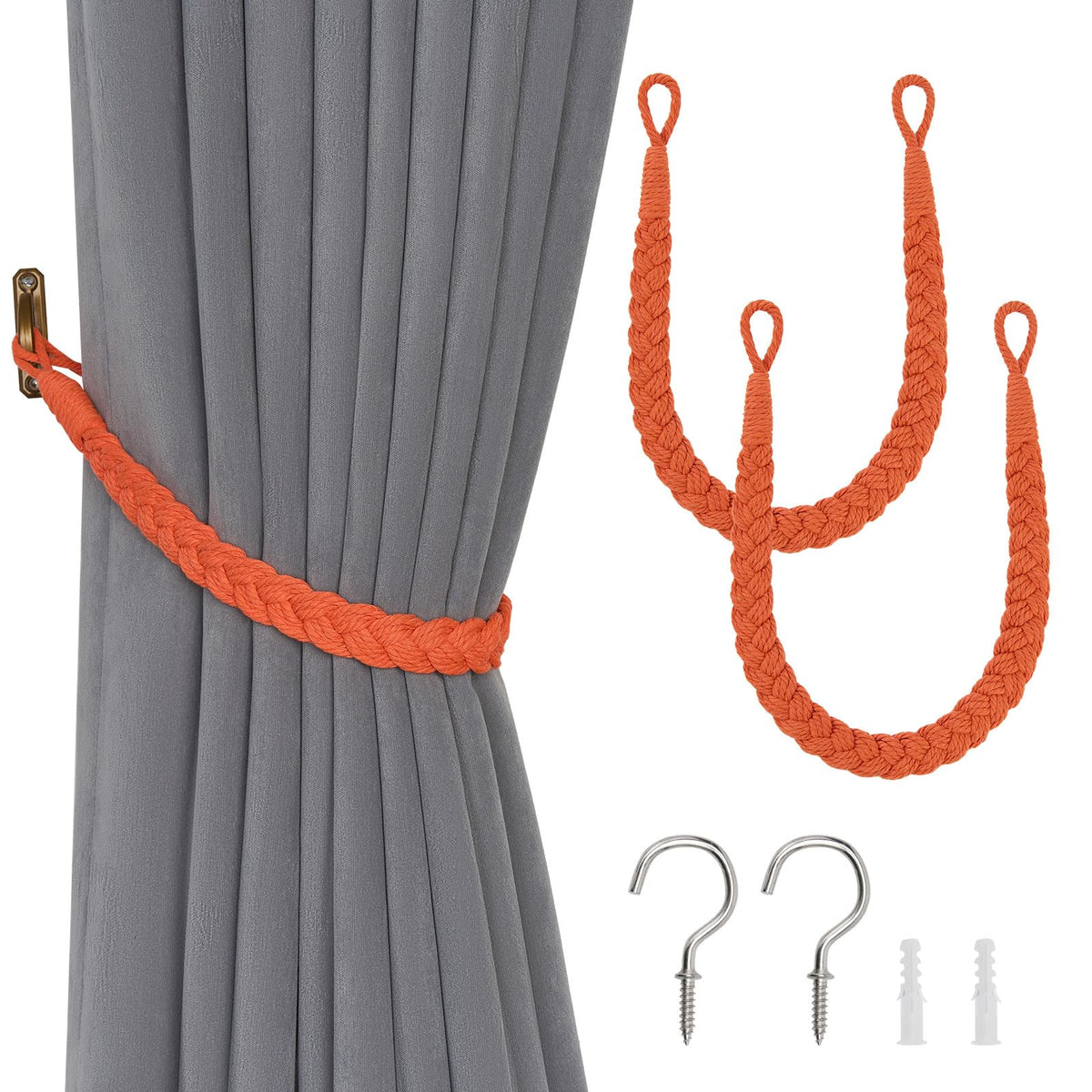 NICEEC 2 Pack Natural Cotton Rope Curtain Tiebacks Elegant Boho Style Decorative Drape Tie Backs Soft Hand-Woven Rope Curtain Holdbacks with Metal Hook for Home & Office Drapery (Coffee)