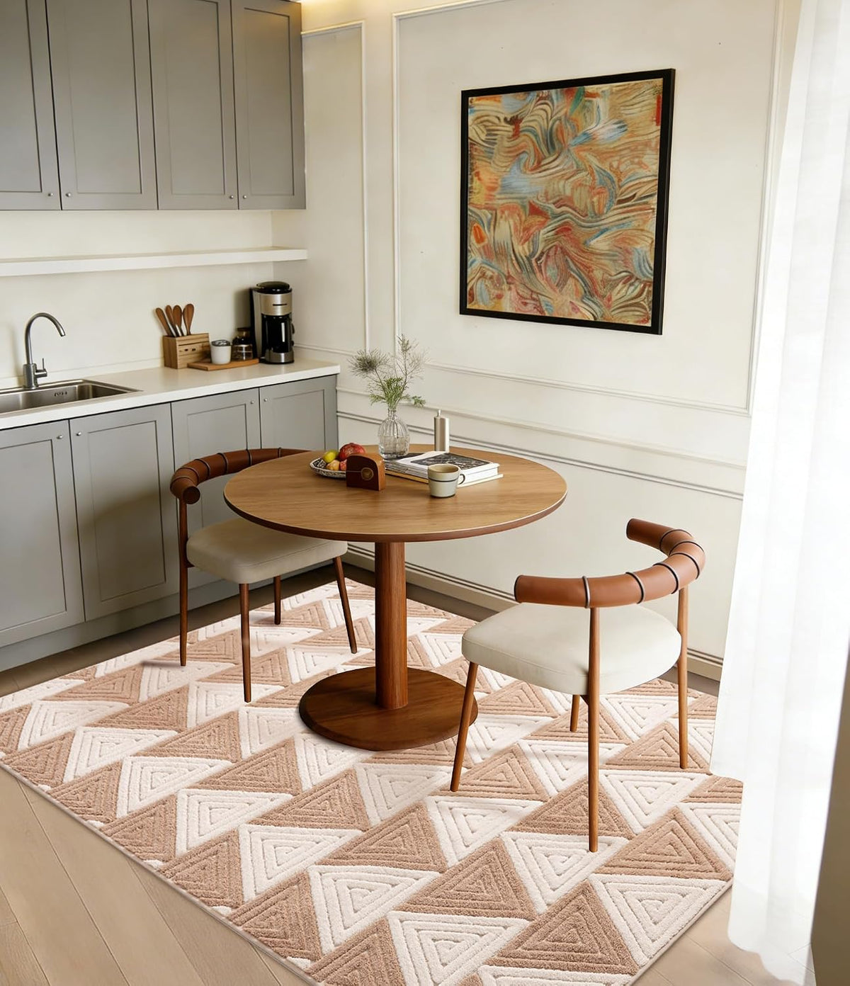 YIHOUSE Neutral Ultra Soft Area Rugs for Bedroom 5x7, Beige Geometric Rug with Triangular Patterns, Comfortable Plain Area Rug for Bedroom, Japandi Washable Rugs for Living Room