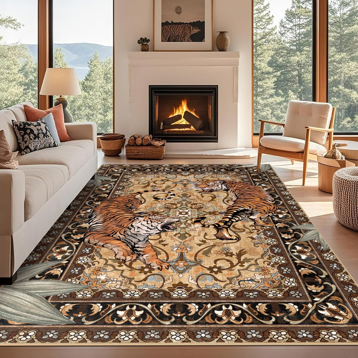Tiger Round Area Rugs for Living Room 6ft, Boho Green Animal Print Bedroom Circle Rugs Non Slip, Washable Botanical Jungle Floor Carpet for Dining Room Entryway Nursery Playroom Office Spring