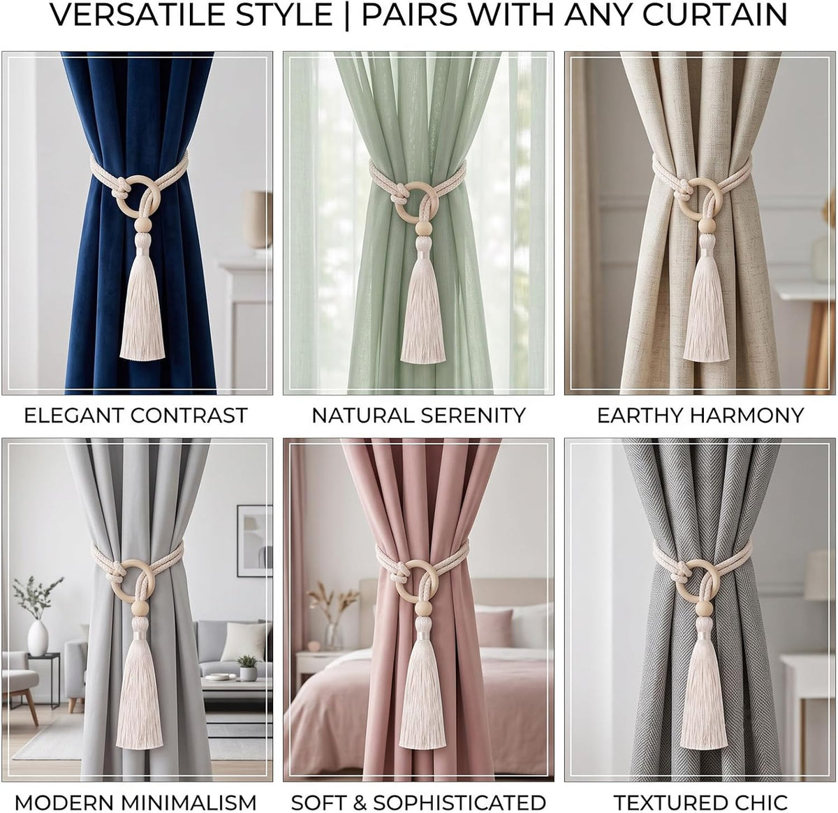 Cotton-Linen Curtain Tiebacks with Tassels (Ivory 4 Pack)