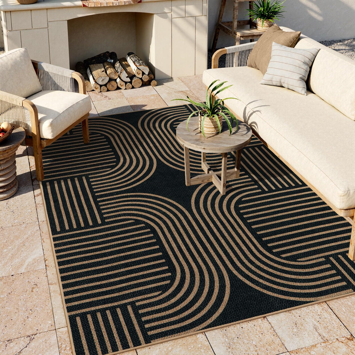 Lahome Modern Rainbow Easy Jute Carpet, Washable 5x7 Area Rugs for Living Room Patio Black Farmhouse Indoor Outdoor Rugs, Contemporary Natural Non Slip Floor Carpet for Office RV Backyard