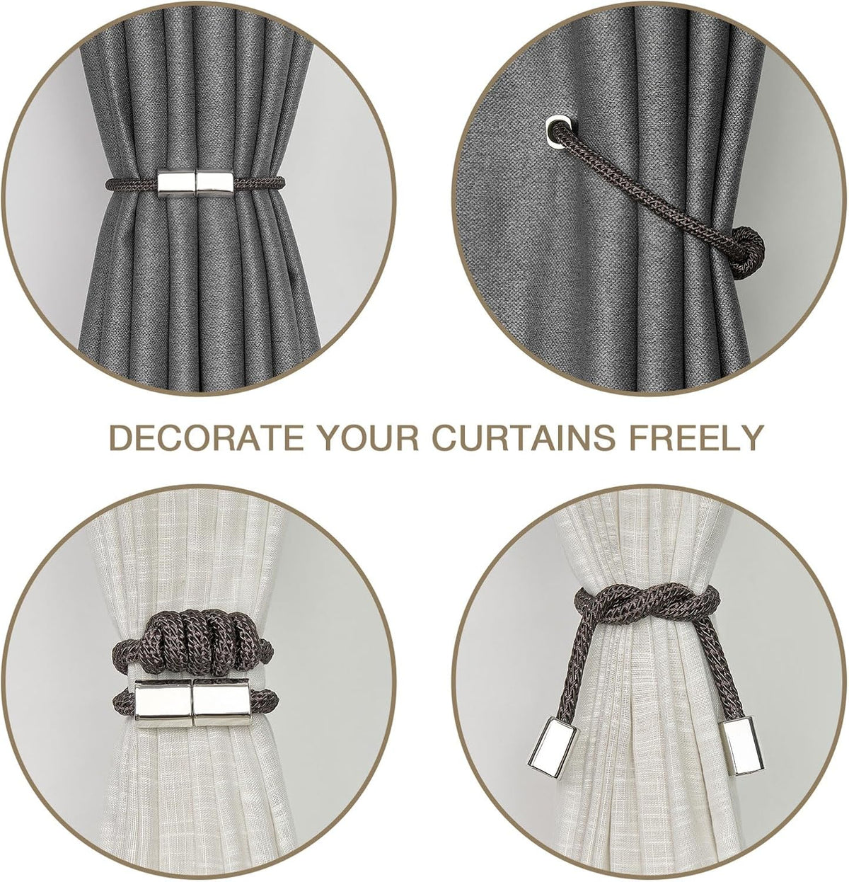NICEEC 2 Pack Mini Magnetic Curtain Tiebacks Modern Simple Style Drape Tie Backs Elegant Hand Weave Rope Knot Decorative Curtain Holdbacks for Home & Office Window Drapery (Dark Grey)