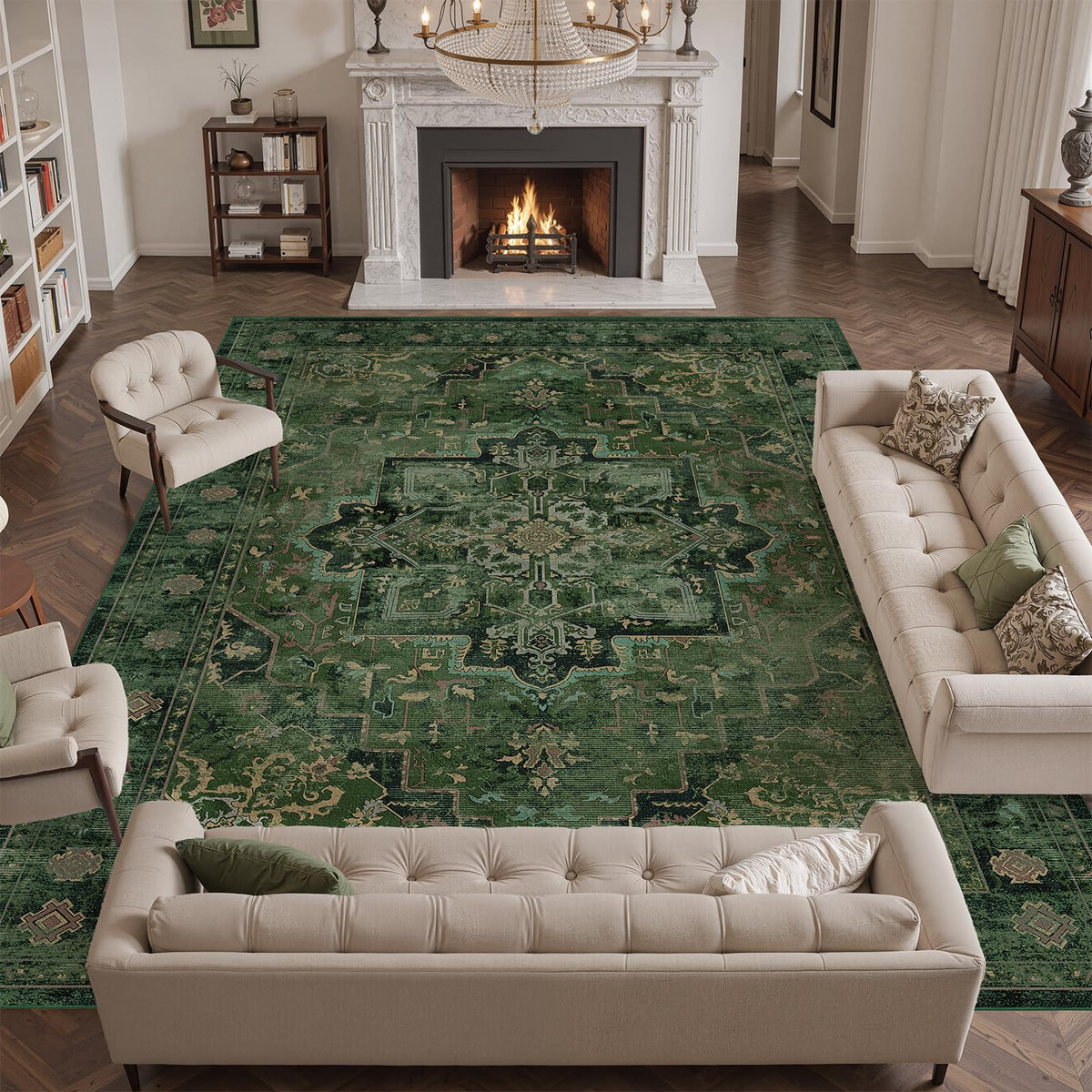 Vintage Distressed 5x7 Area Rugs for Living Room Bedroom Non Slip Washable, Medallion Pattern Printed Low Pile Thin Carpet Rugs for Dining Room/Kitchen/Home Office, Multi Brown Olive Accents