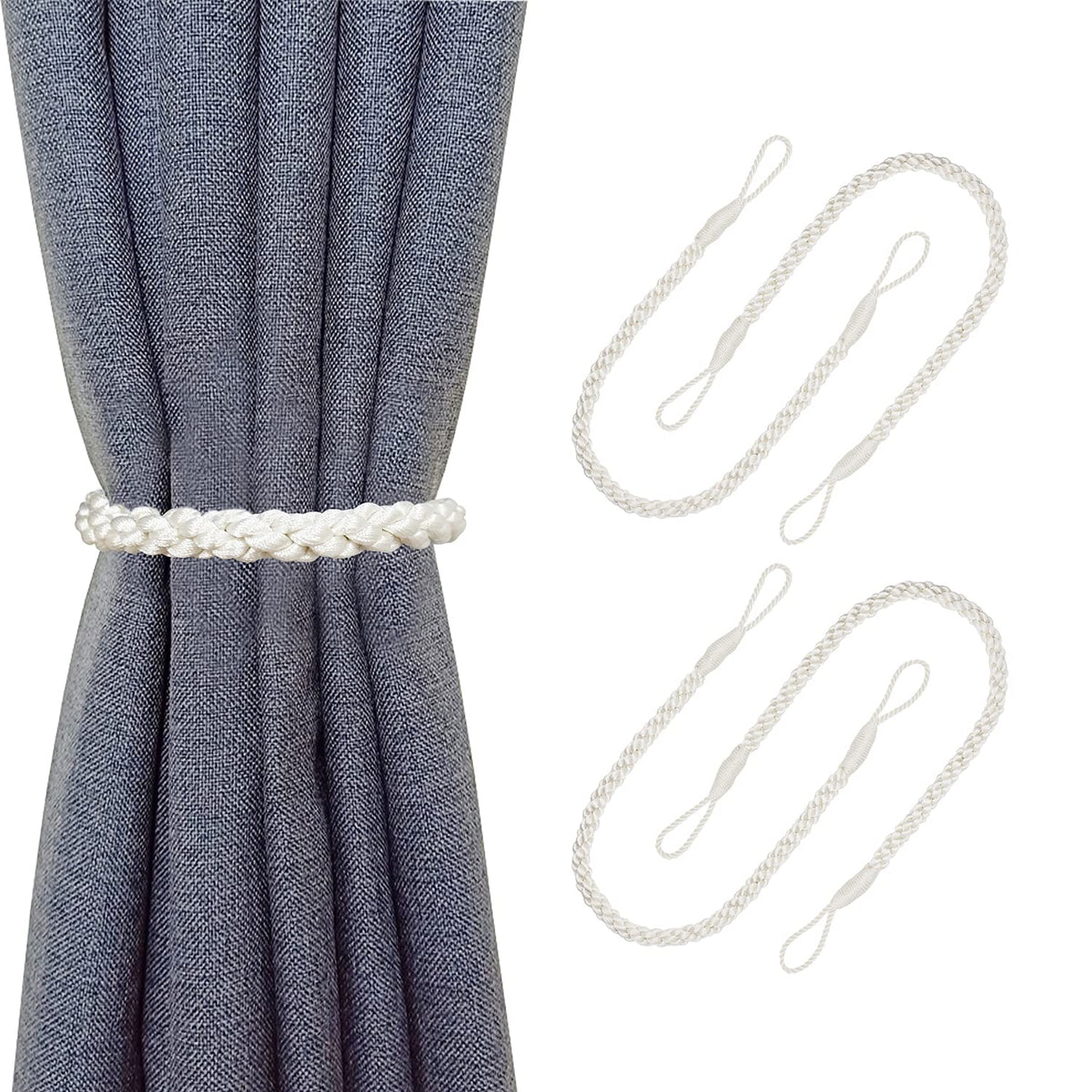 Curtain Tiebacks Ropes, 2pcs Decorative Handmade Tie Backs Curtain Holdbacks Holders Cord for Window Sheer Drapes Indoor Outdoor, Grey