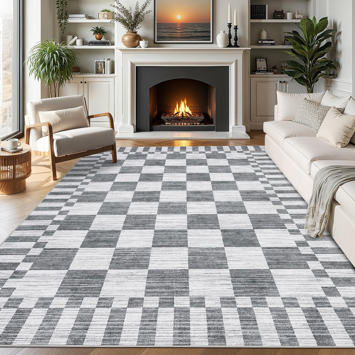 GarveeHome Brown Checkered Rug 5x7 Area Rugs Washable Living Room 5x7 Rug