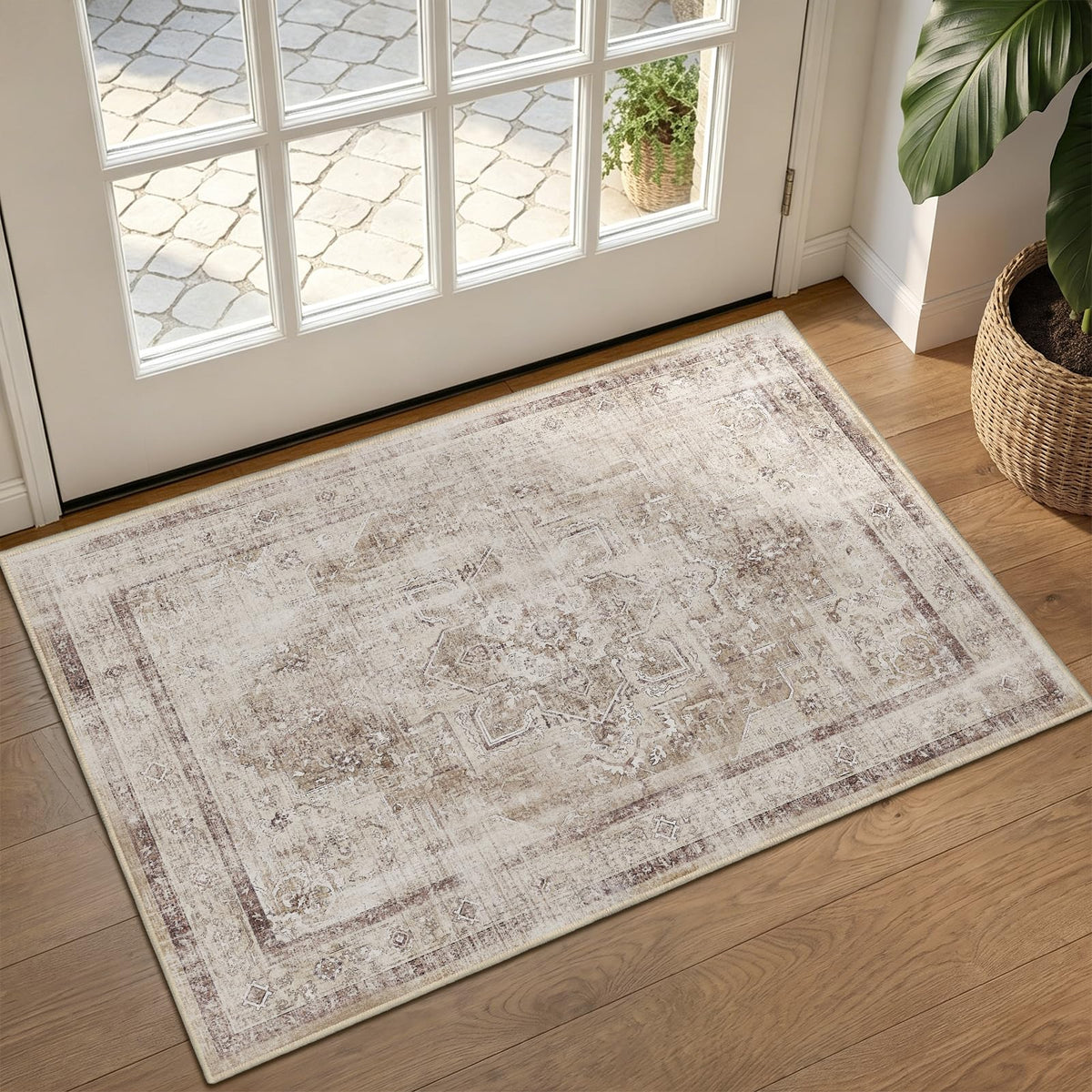 Vintage Distressed 5x7 Area Rugs for Living Room Bedroom Non Slip Washable, Medallion Pattern Printed Low Pile Thin Carpet Rugs for Dining Room/Kitchen/Home Office, Multi Brown Olive Accents