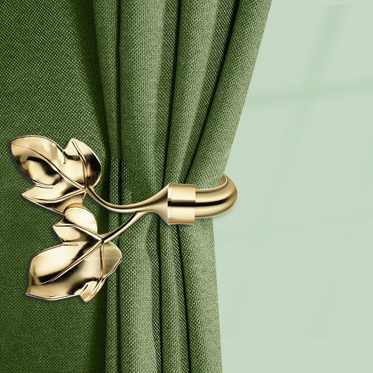 Leaf Shaped Curtain Holdbacks 2pcs, Handmade Metal Curtain Side Holders for Wall, Antique Brass Curtain Tieback Hook Pull Backs for Drapes Window Home Decoration (Gold)