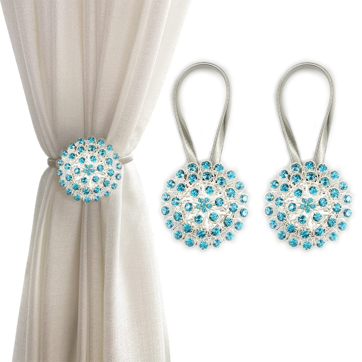 Magnetic Tiebacks for Curtains, 2 Pack Sparkling Crystal Flower Curtain Tiebacks Curtain Buckle Clips with High-Elastic Spring Wire for Home Office Decoration (White)