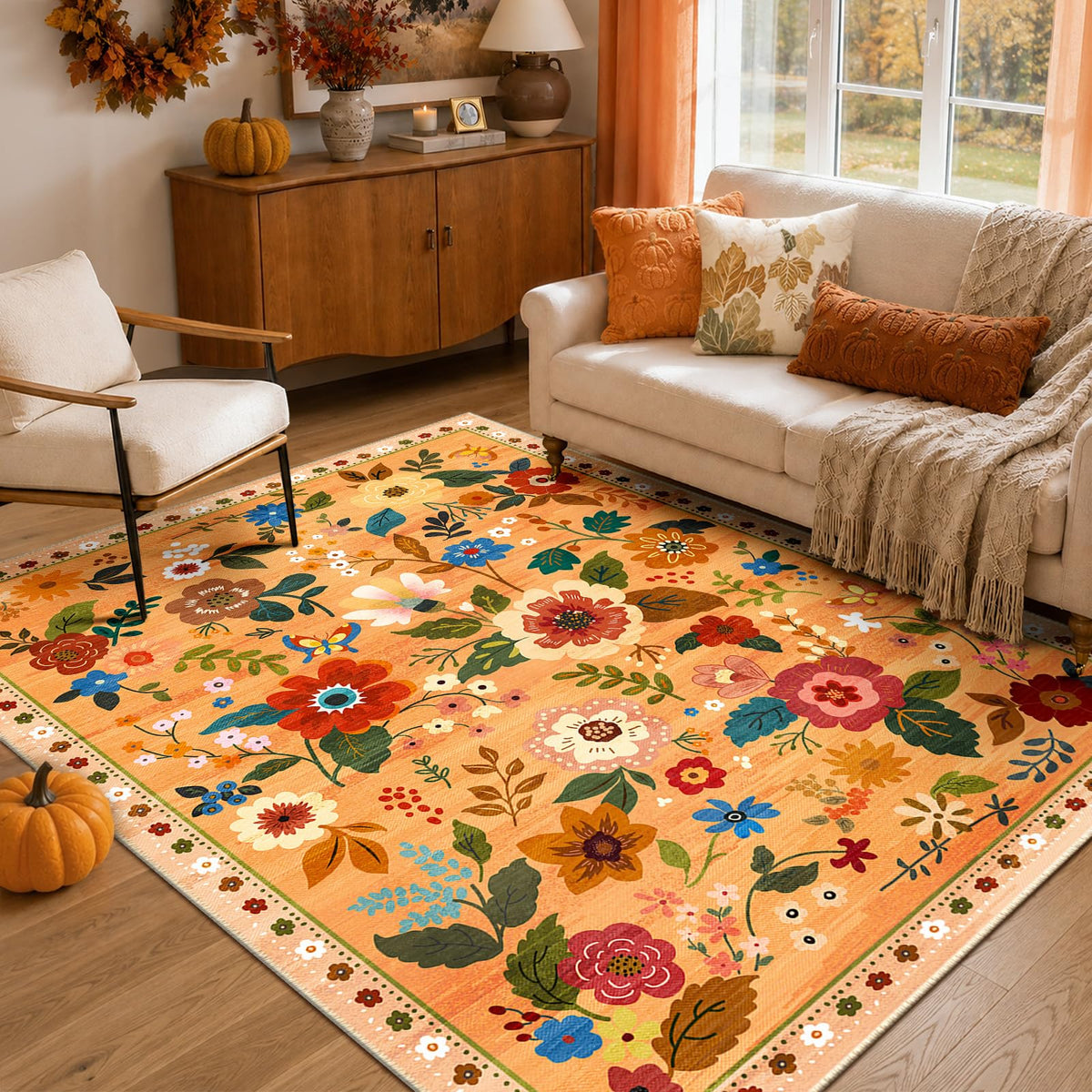 RELEANY Floral Washable 5x7 Area Rugs Black