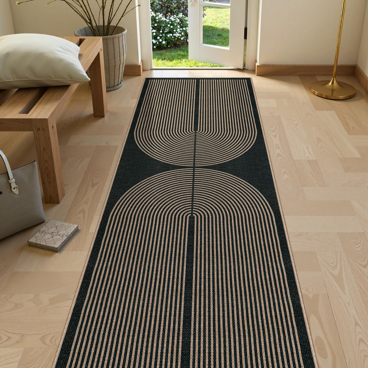 Lahome Modern Rainbow Easy Jute Carpet, Washable 5x7 Area Rugs for Living Room Patio Black Farmhouse Indoor Outdoor Rugs, Contemporary Natural Non Slip Floor Carpet for Office RV Backyard